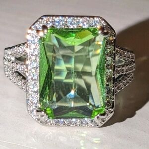 Women's Emerald Cut Green Peridot Halo Engagement Ring 14K White Gold Plated Sz9
